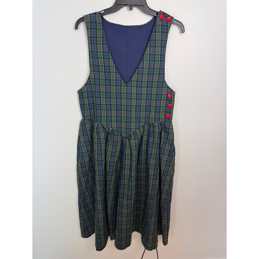 Vintage Handmade Plaid Pinafore Jumper Dress Green Navy Red Bow Buttons Pockets